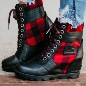 Sorel Lexie leather plaid wedge woman’s  boots new